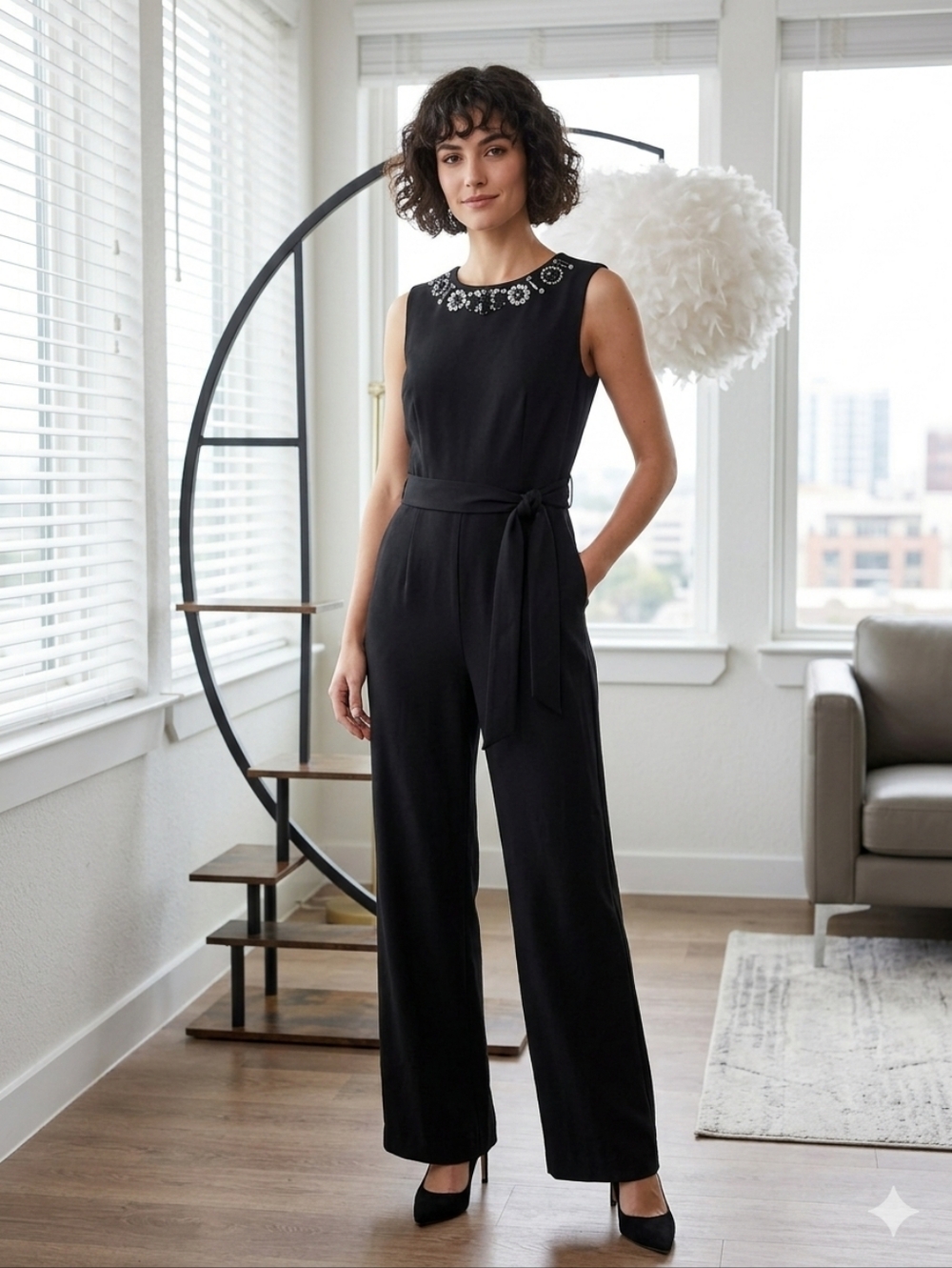 kate spade Black Jeweled Collar Sleeveless Jumpsuit